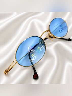 RARE Authentic Gucci Coogi Brand Name Gold Metal Frame Blue Tint Sunglasses 80’s